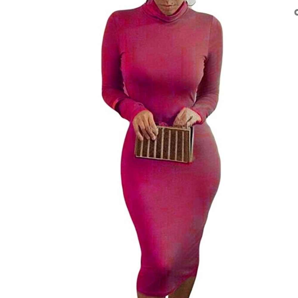 Long Sleeve Bodycon Midi Sheath Dress Magenta